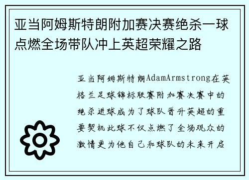 亚当阿姆斯特朗附加赛决赛绝杀一球点燃全场带队冲上英超荣耀之路