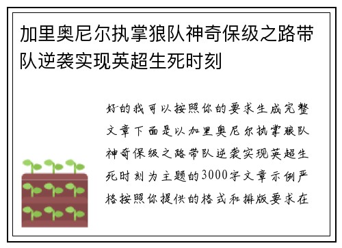 加里奥尼尔执掌狼队神奇保级之路带队逆袭实现英超生死时刻