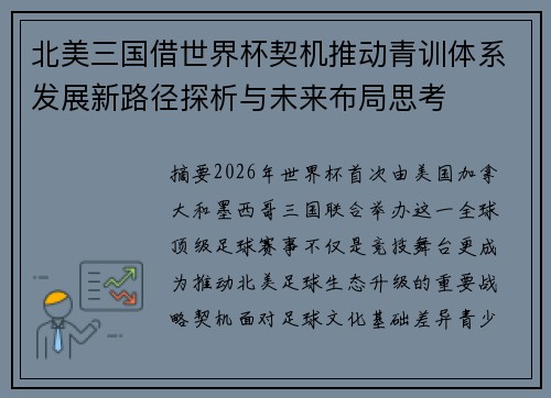 北美三国借世界杯契机推动青训体系发展新路径探析与未来布局思考